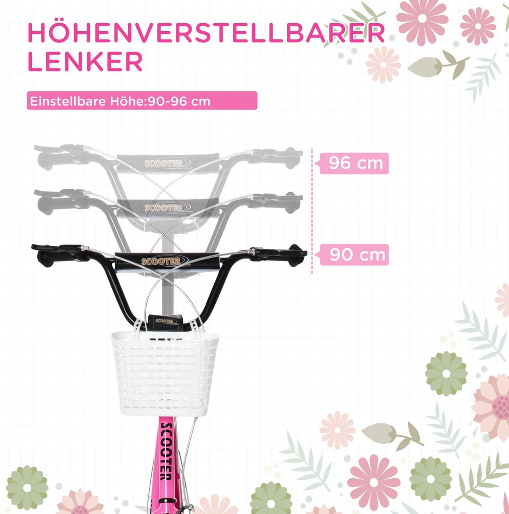 HOMCOM Παιδικό πατίνι με φρένο, με καλάθι, ρυθμιζόμενο ύψος, για παιδιά 5-12 ετών, Λευκό + Ροζ