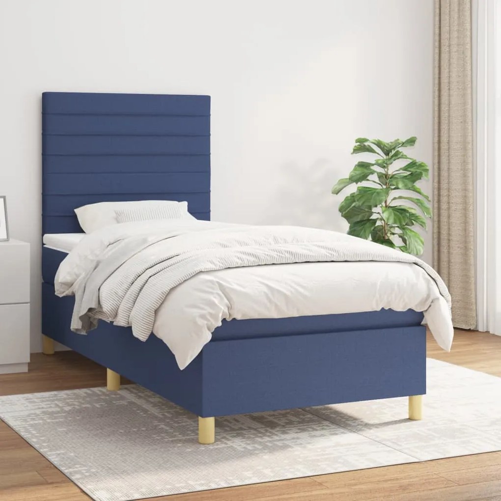 Κρεβάτι Boxspring με Στρώμα Μπλε 90x200 εκ.Υφασμάτινο