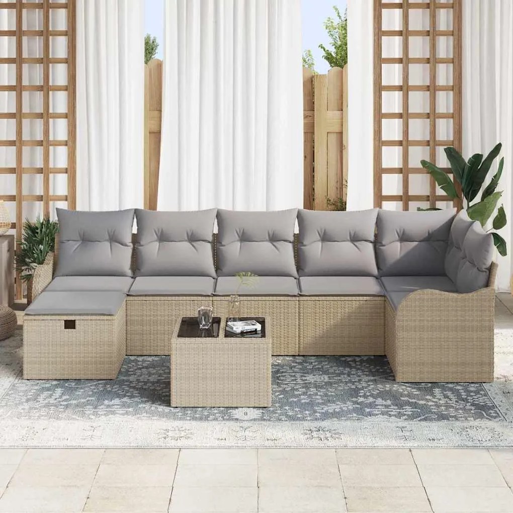 vidaXL Σετ Καναπέ Κήπου με μαξιλάρι 8 pcs Μπεζ Πολυ ράταν