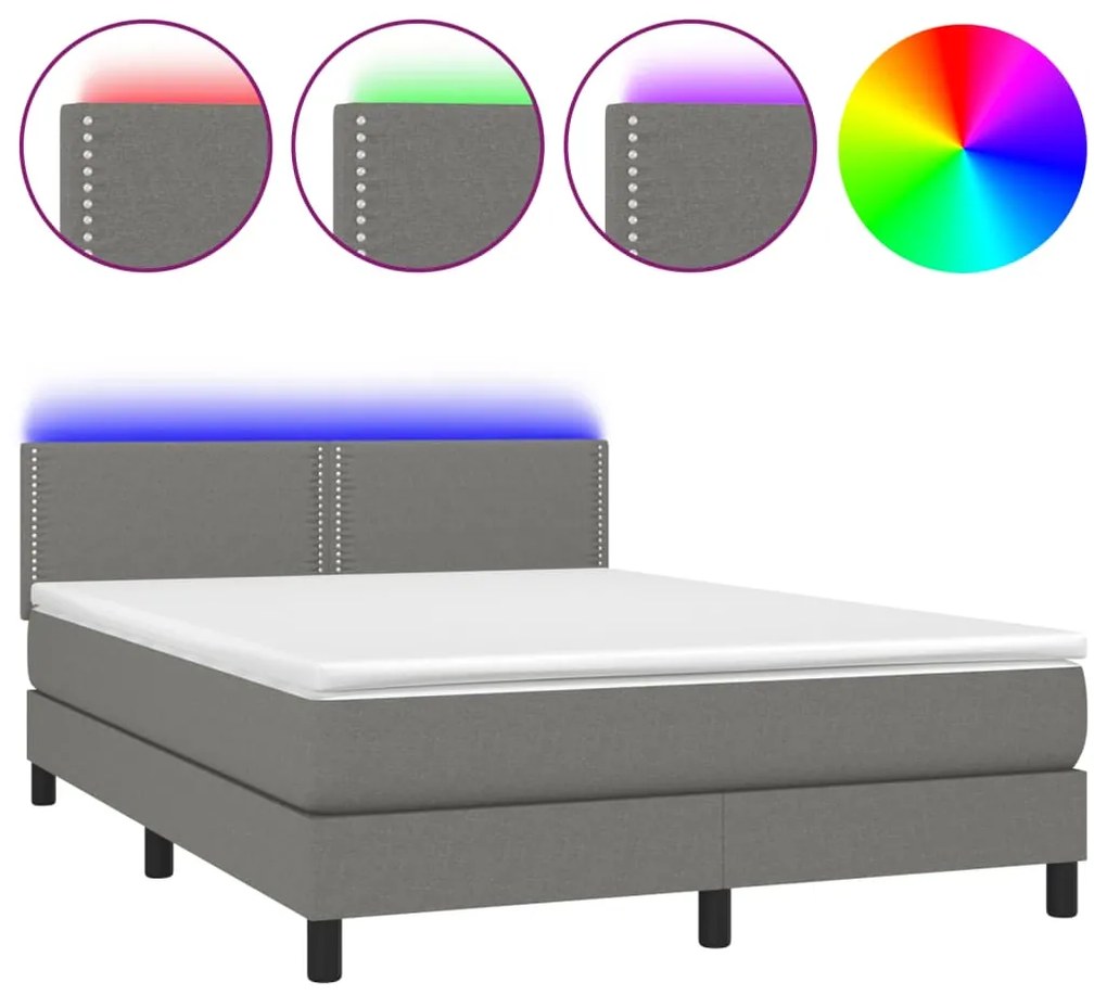 vidaXL Κρεβάτι Boxspring με Στρώμα & LED Σκ.Γκρι 140x200 εκ Υφασμάτινο