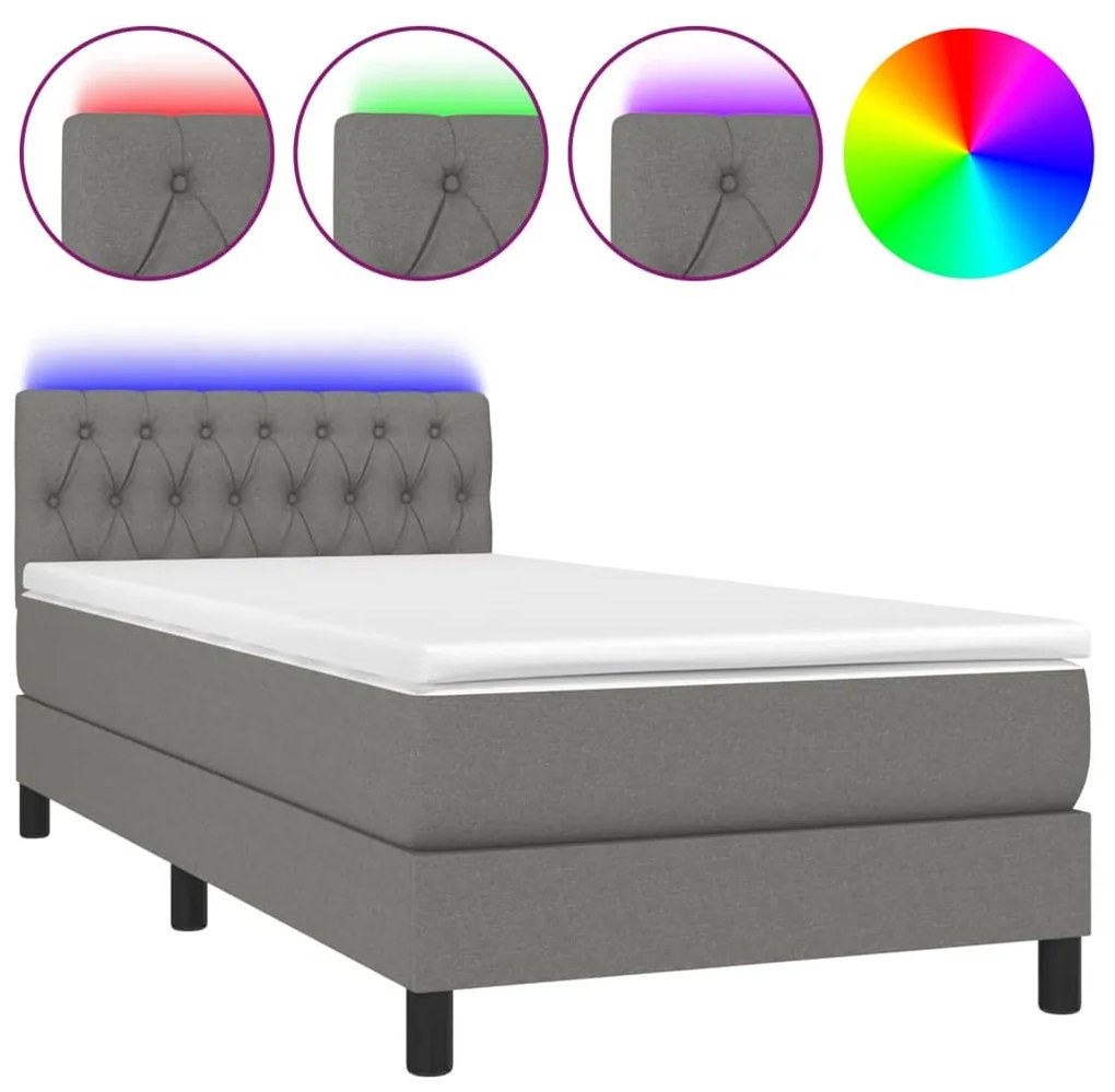 vidaXL Κρεβάτι Boxspring με Στρώμα & LED Σκ.Γκρι 90x200 εκ. Υφασμάτινο