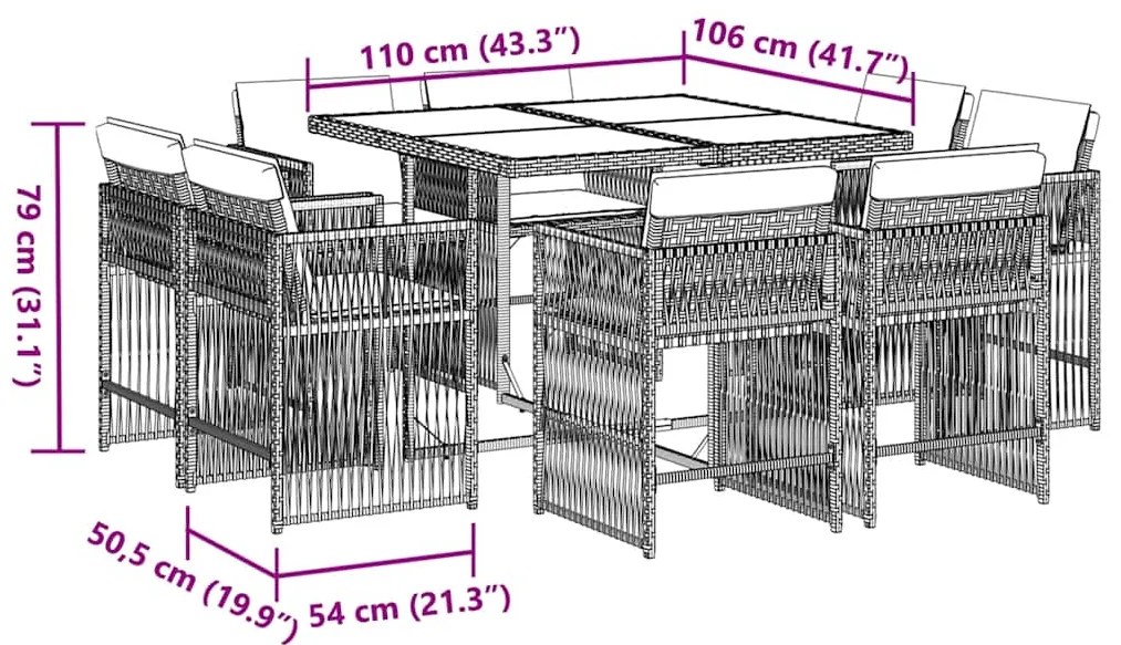 vidaXL Σετ Τραπεζαρίας Κήπου 9 τεμ Μαύρο από Συνθ. Ρατάν με Μαξιλάρια