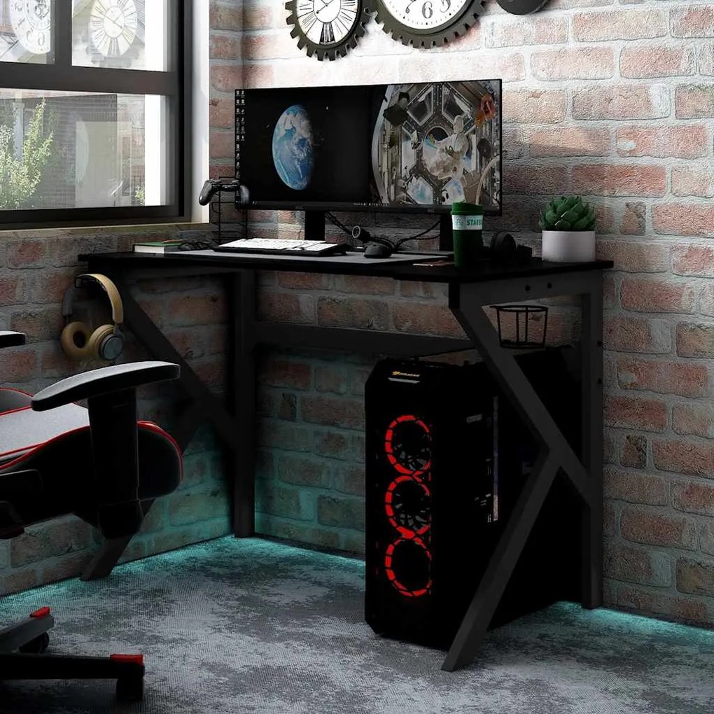 vidaXL Γραφείο Gaming Μαύρο 90 x 60 x 75 εκ. με Πόδια σε Σχήμα Κ