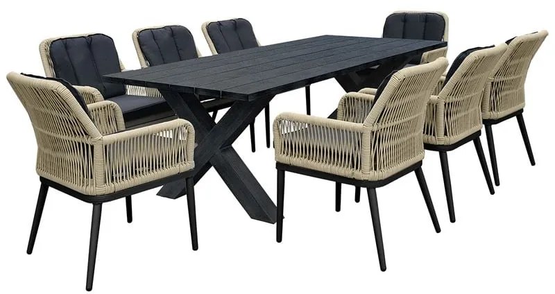 WOODWELL Ε68421ALLEY Set Τραπεζαρία ALU Ανθρακί-Rope Φυσικό: Τραπέζι 220x94 + 8 Πολυθρόνες με Μαξιλ Τραπ:220x94x72 Πολ:62x64x85cm Ε68421