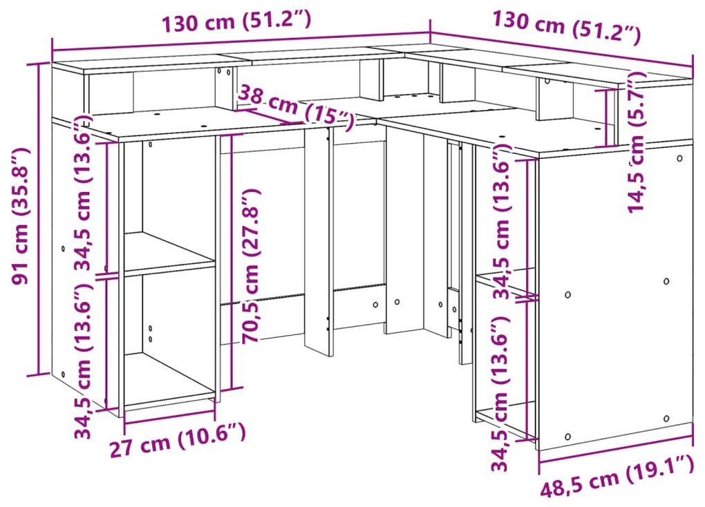 Γραφείο με LED Γκρι Σκυρόδεματος 130x130x91 εκ. Επεξεργ. Ξύλο - Γκρι