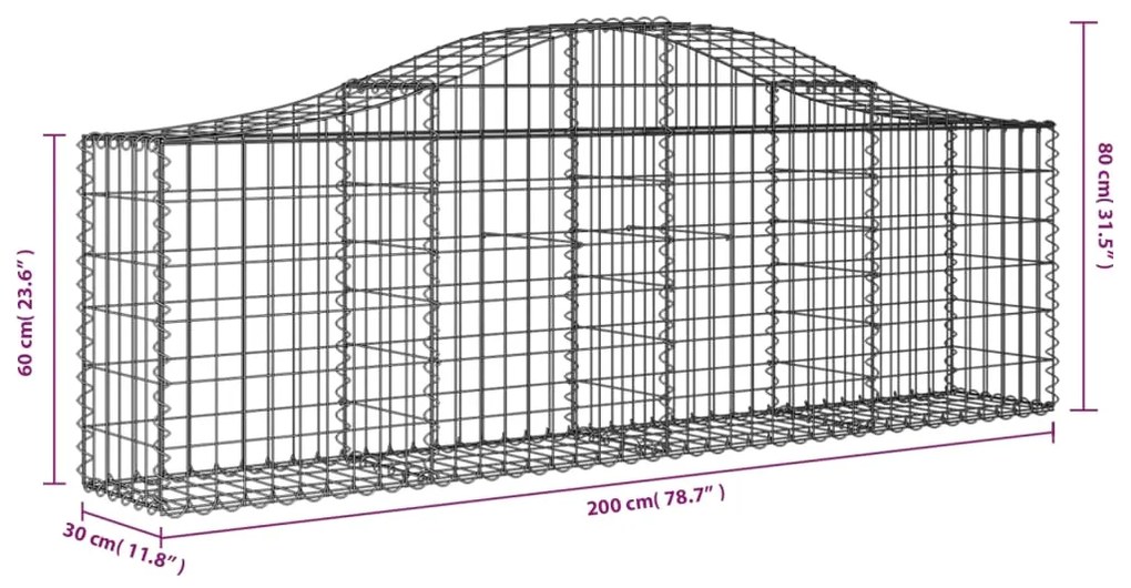 Συρματοκιβώτια Τοξωτά 2 τεμ. 200x30x60/80 εκ. Γαλβαν. Ατσάλι - Ασήμι