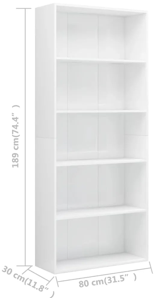 vidaXL Βιβλιοθήκη με 5 Ράφια Γυαλιστερό Λευκό 80x30x189 εκ Μοριοσανίδα