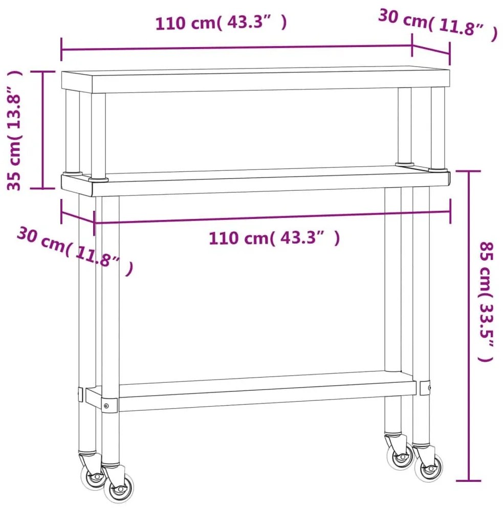 Πάγκος Εργασίας Κουζίνας με Ράφι 110x30x120 εκ. Ανοξείδ. Ατσάλι