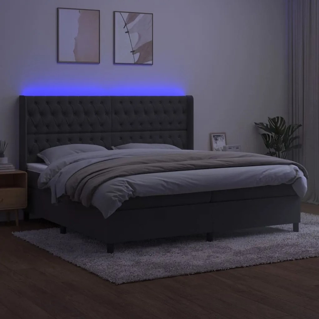 vidaXL Κρεβάτι Boxspring με Στρώμα & LED Σκ. Γκρι 200x200εκ. Βελούδινο