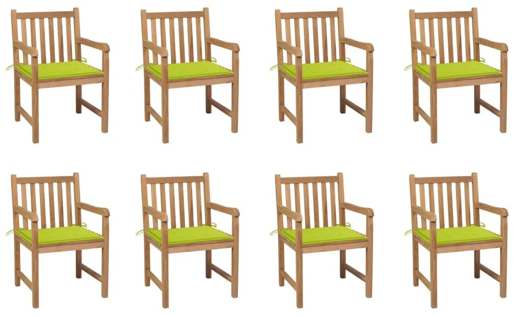 vidaXL Καρέκλες Κήπου 8 τεμ. Μασίφ Ξύλο Teak με Φωτ. Πράσινα Μαξιλάρια