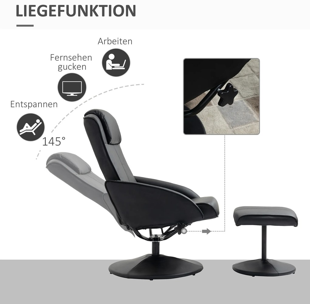 Πολυθρόνα Relax HOMCOM με υποπόδιο, επένδυση από δερματίνη, ανακλινόμενη, εργονομικός σχεδιασμός, Μαύρο