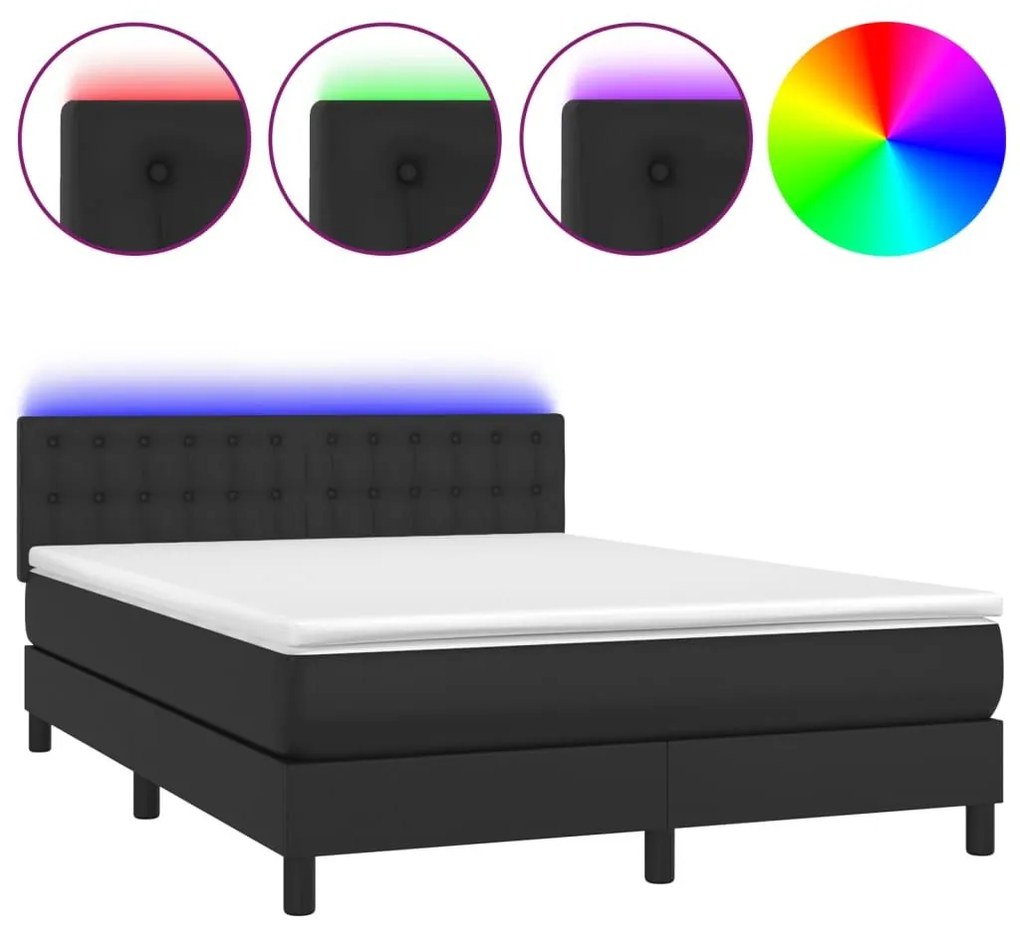 Κρεβάτι Boxspring με Στρώμα &amp; LED Μαύρο 140x190 εκ. Συνθ. Δέρμα - Μαύρο