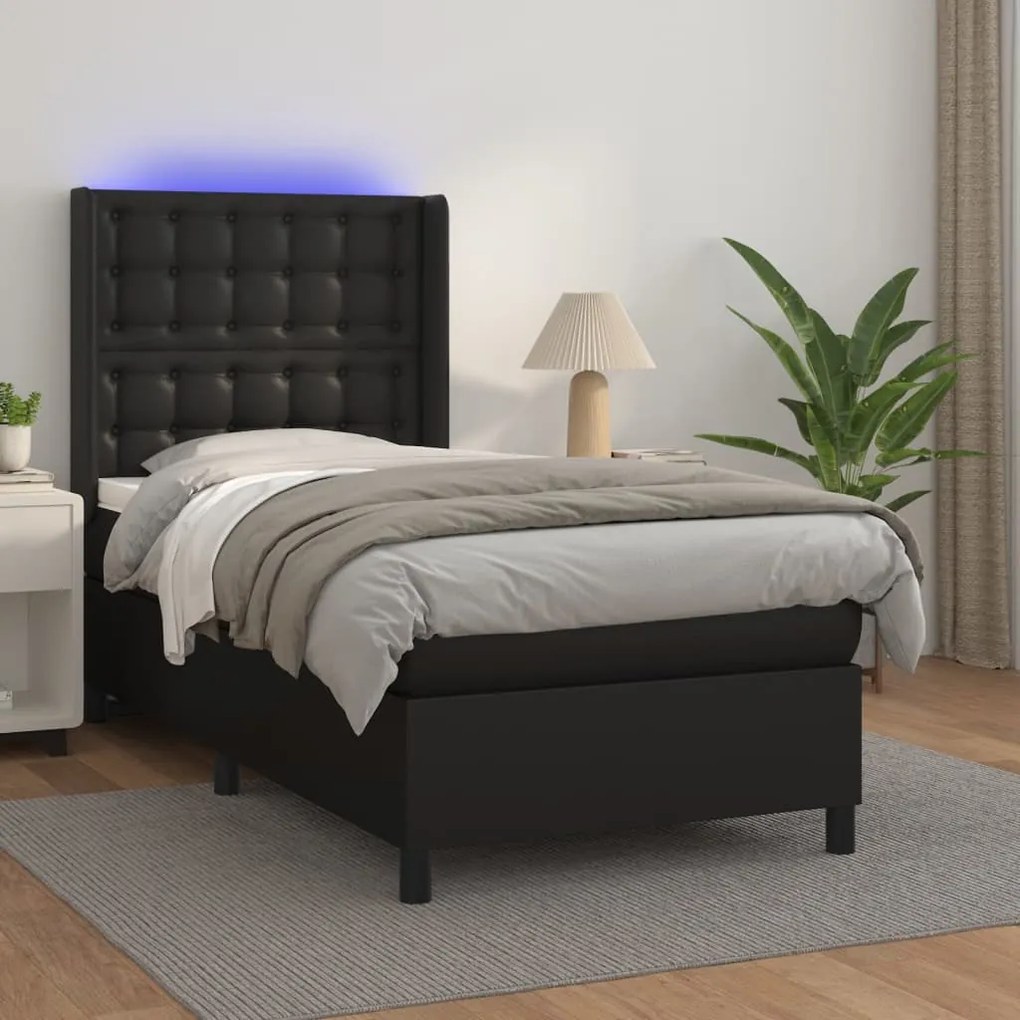 vidaXL Κρεβάτι Boxspring με Στρώμα &amp; LED Μαύρο 90x190 εκ. Συνθ. Δέρμα