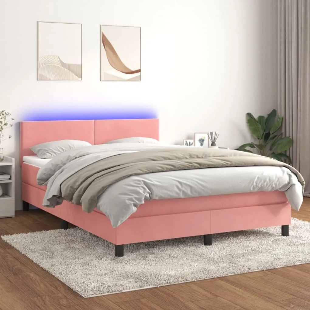 Κρεβάτι Boxspring με Στρώμα &amp; LED Ροζ 140x200 εκ. Βελούδινο