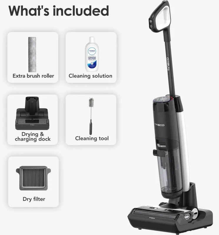 Tineco Floor One S7 Flashdry Pet ηλεκτρική σκούπα, 230W, 0.72 l βρώμικο/0.85 l καθαρό, 40 λεπτά αυτονομία, 4 λειτουργίες, σύστημα αυτοκαθαρισμού FlashDry, οθόνη LED, Μαύρο