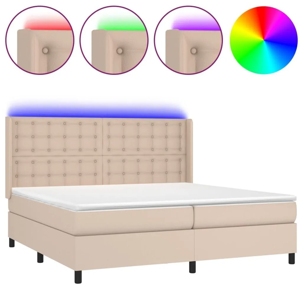 Κρεβάτι Boxspring Στρώμα&amp;LED Καπουτσίνο 200x200 εκ. Συνθ. Δέρμα - Καφέ