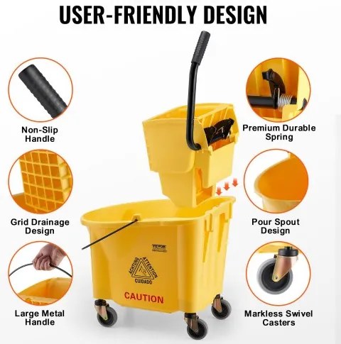 VEVOR Mop Bucket with Wringer, 35 Qt. Commercial Mop Bucket with Side Press Wringer, Side-Press Mop Bucket and Wringer Combo on Wheels, for Professional/Industrial/Business Floor Cleaning, Yellow