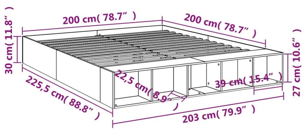 Πλαίσιο Κρεβατιού Γκρι Σκυροδέματος 200x200 εκ. Επεξεργ. Ξύλο - Γκρι