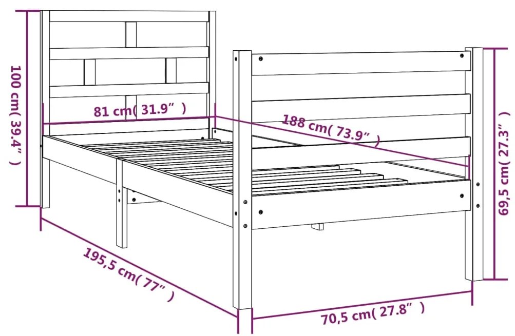 Πλαίσιο Κρεβατιού Λευκό 75x190 εκ. Μασίφ Ξύλο Small Single - Λευκό