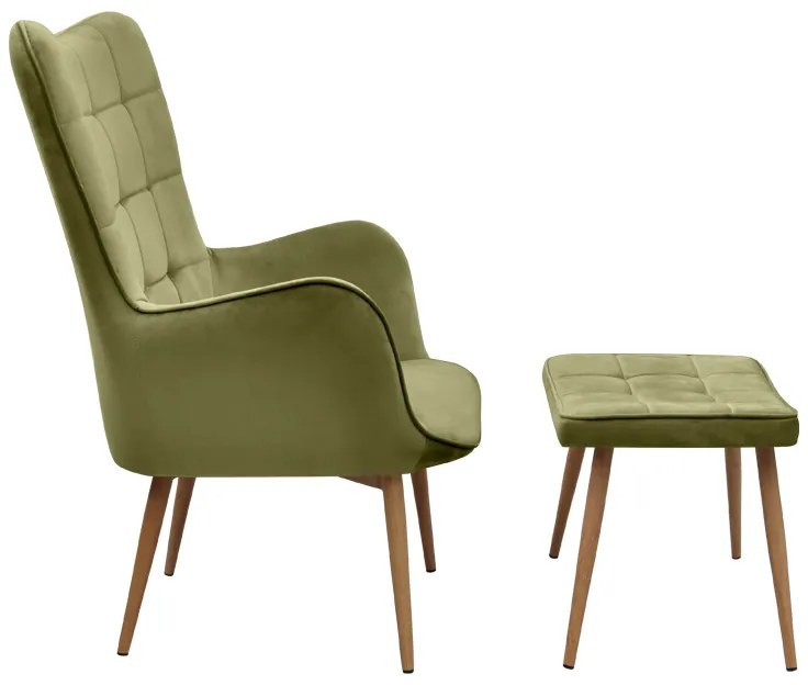 Πολυθρόνα - Μπερζέρα με υποπόδιο Lily Megapap λαδί βελούδο - μεταλλικό πόδι χρώμα φυσικό 70x62x98εκ.