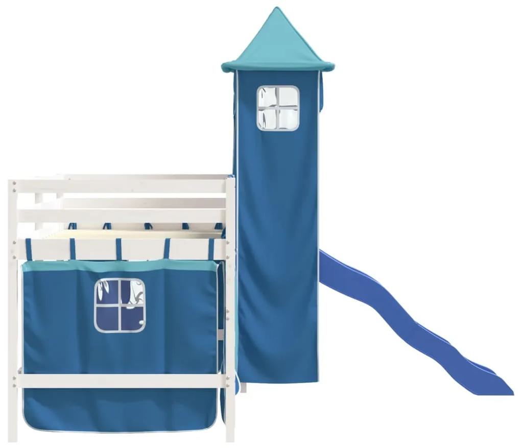 vidaXL Υπερυψωμένο Κρεβάτι με Πύργο Μπλε 90x190 εκ. Μασίφ Ξύλο Πεύκου
