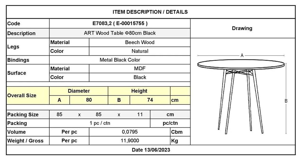 Τραπέζι ART Wood Φ80/H74cm Μαύρο