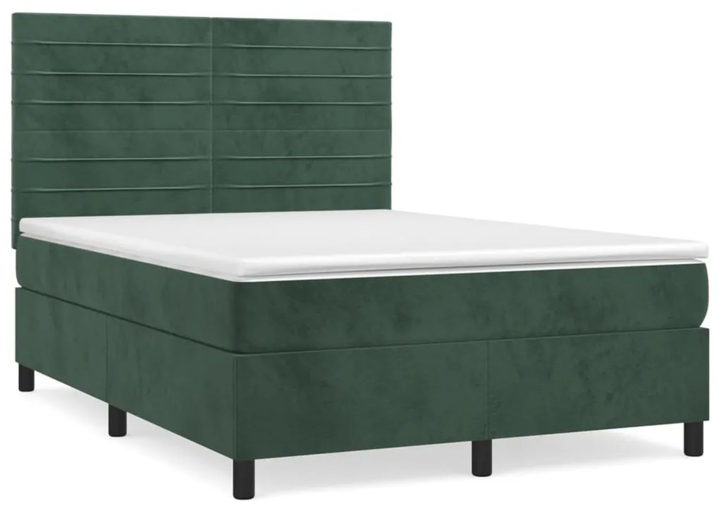 vidaXL Κρεβάτι Boxspring με Στρώμα Σκούρο Πράσινο 140x190εκ. Βελούδινο