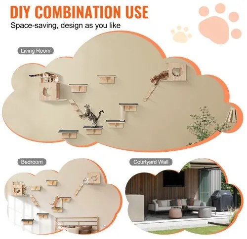 VEVOR Wall Mounted Cat Shelves Tree with Jumping Boards Nests Hammock Set of 9