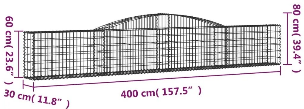 Συρματοκιβώτια Τοξωτά 15 τεμ. 400x30x60/80 εκ. Γαλβαν. Ατσάλι - Ασήμι