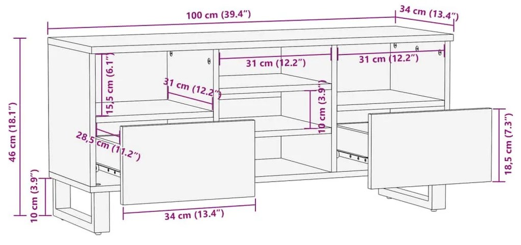 Έπιπλο Τηλεόρασης 100 x 34 x 46 εκ. Μασίφ Ακατέργ. Ξύλο Μάνγκο - Καφέ