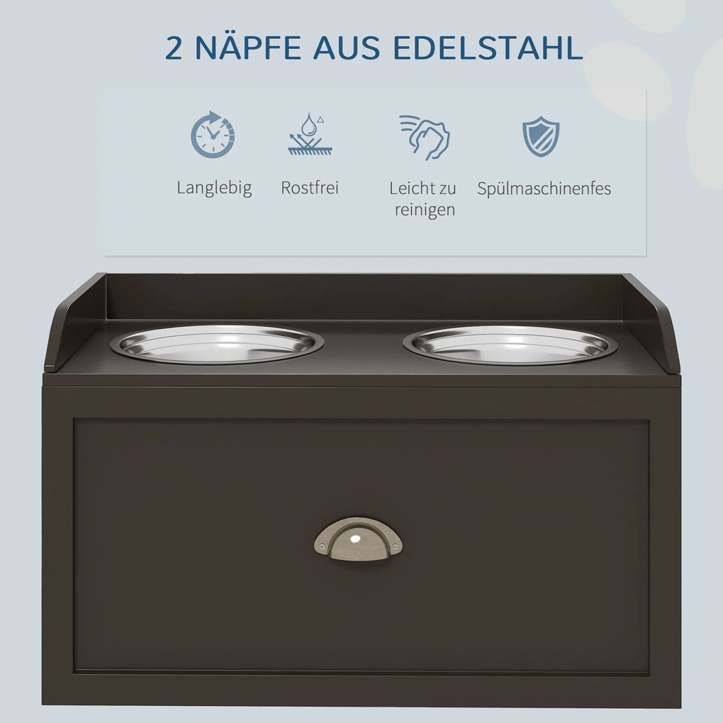 Σταθμός τροφοδοσίας PawHut, υπερυψωμένα μπολ φαγητού 2 μπολ, 2 μπολ από ανοξείδωτο ατσάλι, 1 χώρος αποθήκευσης, 60 x 30 x 36 cm, καφέ