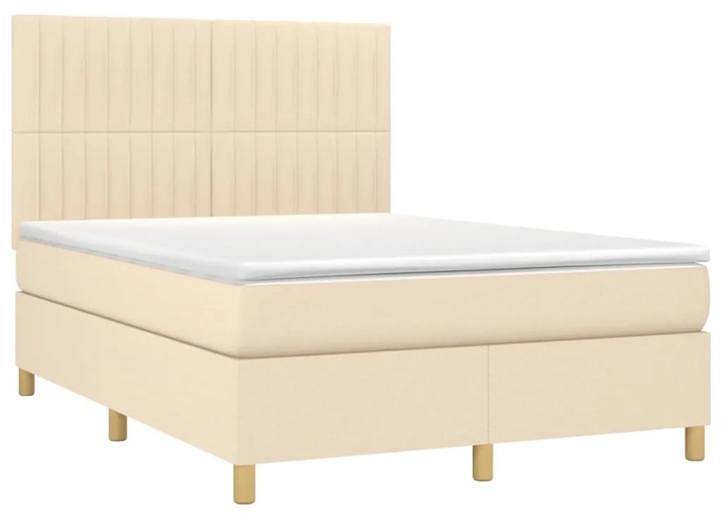 Κρεβάτι Boxspring με Στρώμα &amp; LED Κρεμ 140x200 εκ. Υφασμάτινο - Κρεμ