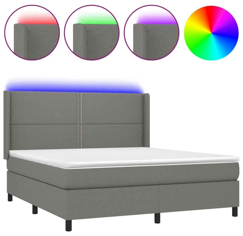 Κρεβάτι Boxspring με Στρώμα &amp; LED Σκ.Γκρι 180x200 εκ Υφασμάτινο - Γκρι