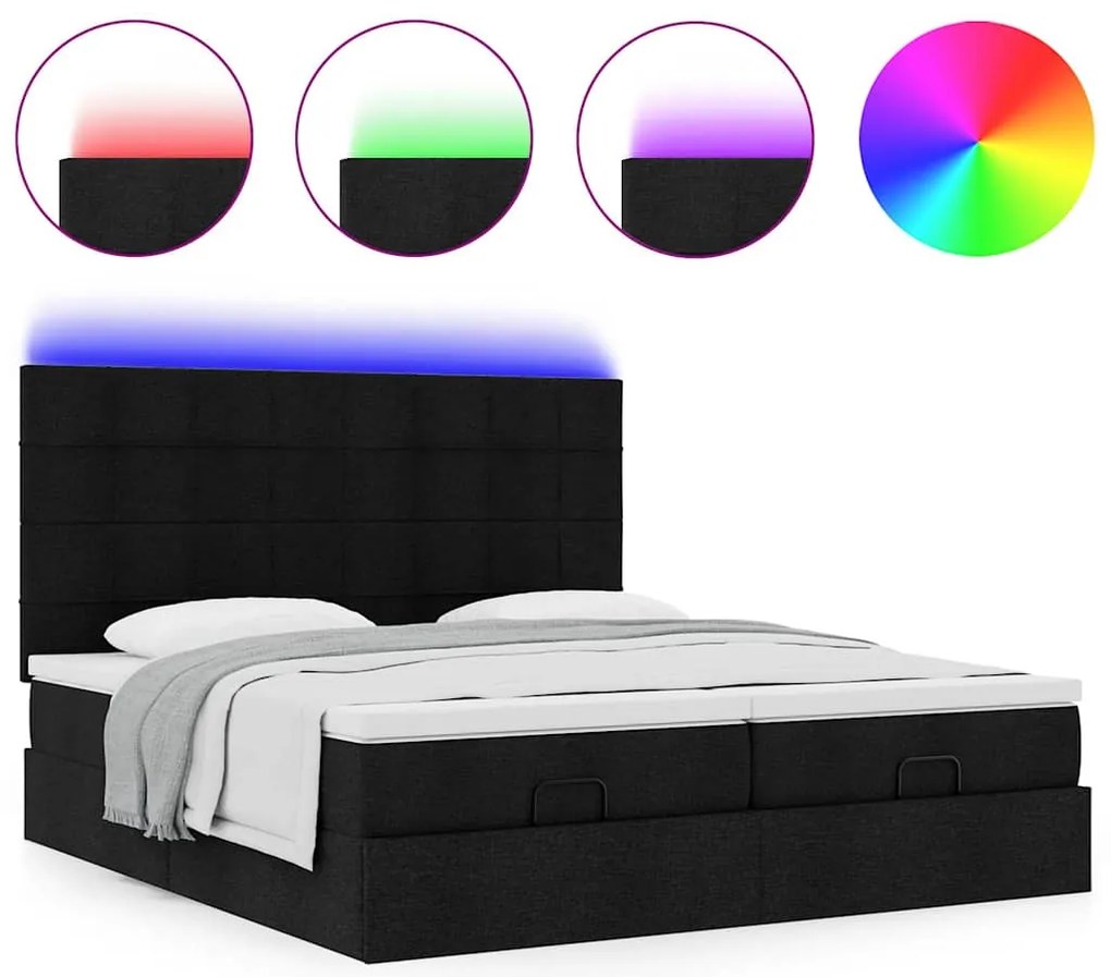 vidaXL Οθωμανικό κρεβάτι με στρώματα & LEDs Μαύρο ύφασμα 180x200cm