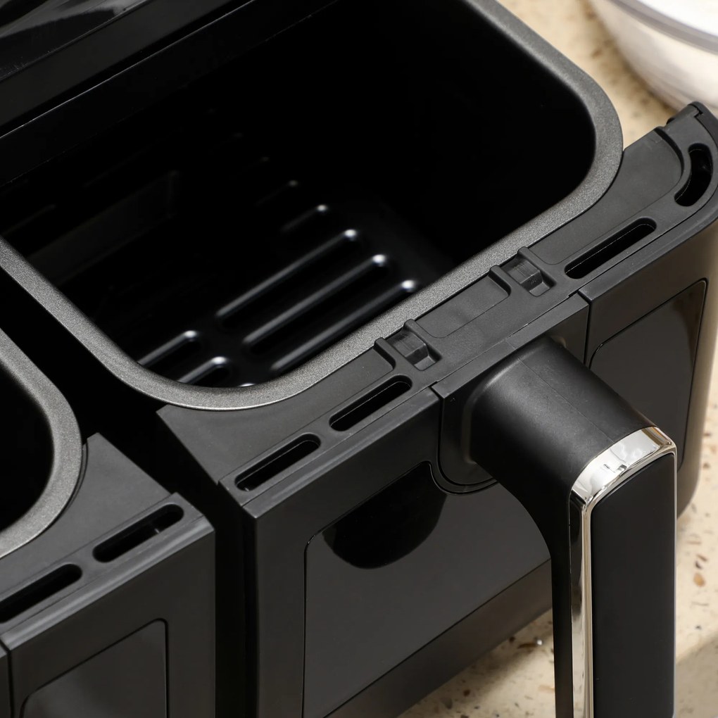 HOMCOM Φριτέζα αέρος, 2 καλάθια τηγανίσματος á 4 λίτρα, 8 προγράμματα, φως, χρονοδιακόπτης, 38,5 x 38 x 30,5 cm, Μαύρο