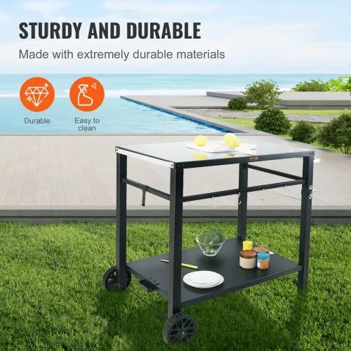 VEVOR Outdoor Grill Dining Cart with Double-Shelf, BBQ Movable Food Prep Table, Multifunctional Iron Table Top, Portable Modular Carts for Pizza Oven, Worktable with 2 Wheels, Carry Handle, Black