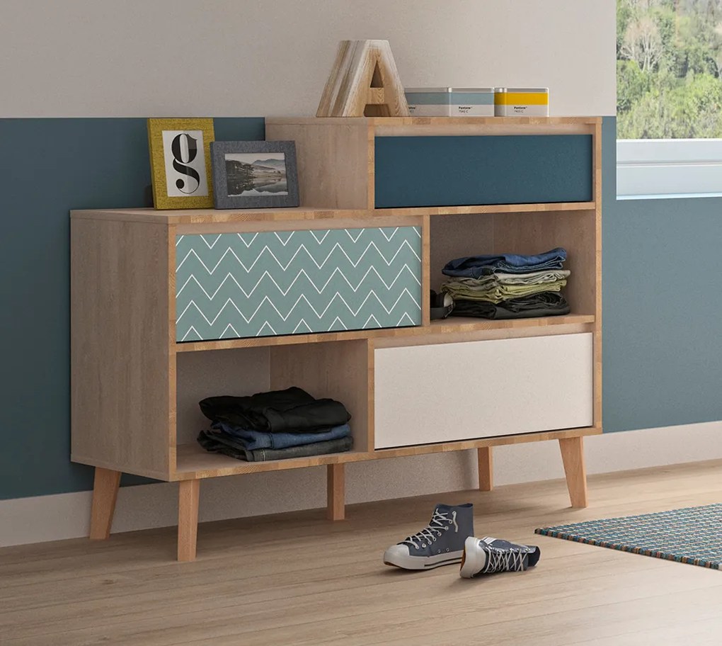 Insi Larvik Συρταριέρα με 3 συρτάρια 110x40x93/72εκ. Blond Oak/Λευκό/Μπλε  0201.GM58