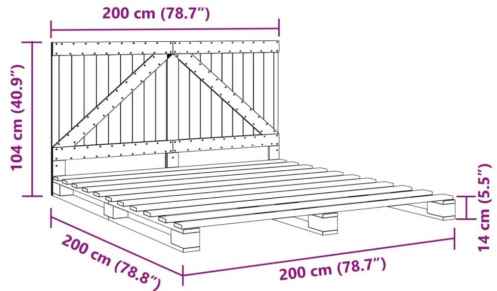 Πλαίσιο Κρεβατιού με Κεφαλάρι Γκρι 200x200 εκ. Μασίφ Πεύκο - Γκρι