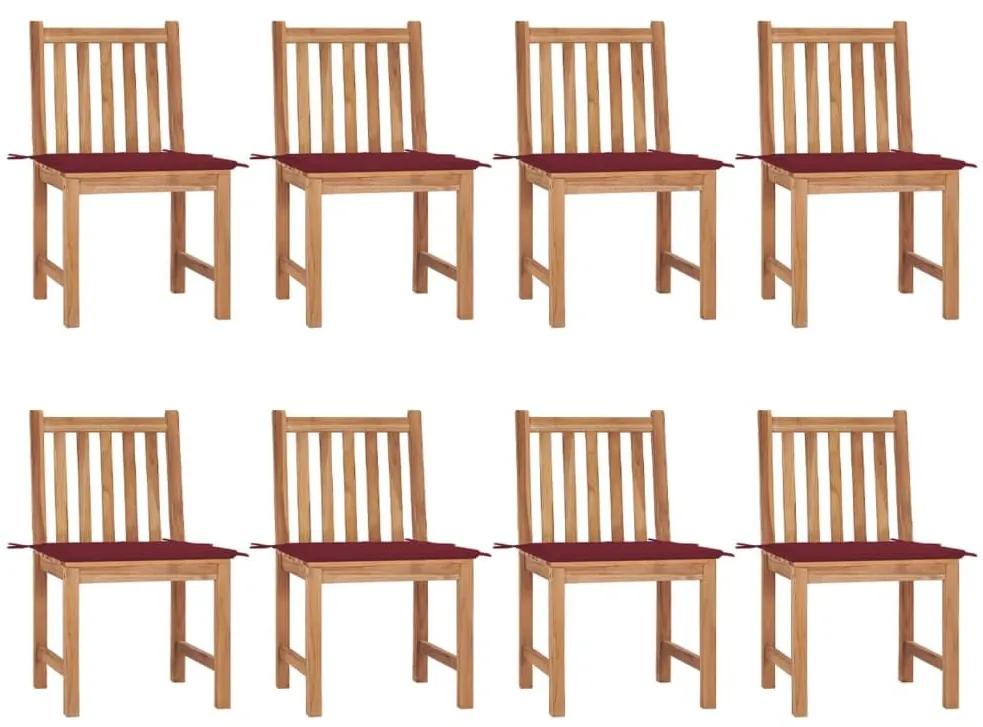 Καρέκλες Κήπου 8 Τεμαχίων από Μασίφ Ξύλο Teak με Μαξιλάρια - Κόκκινο