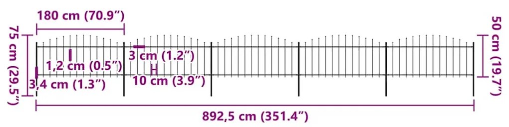 vidaXL Φράχτης Κήπου με Κορυφή Δόρυ από Ατσάλι 892,5x75 εκ. Μαύρος