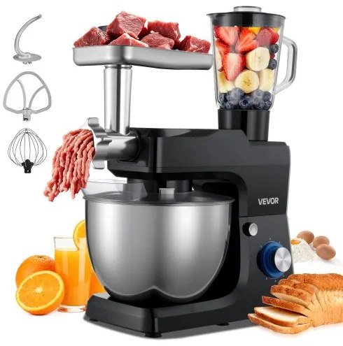 VEVOR Stand Mixer, 7.8 L Electric Kitchen Mixer, 1500W Dough-Mixer, 6+P Speeds Tilt-head Food-Mixer with 1.5 L Blender Cup, Stainless Steel Bowl, Dough Hook, Whisk, Beater, for Baking, Mixing, Black