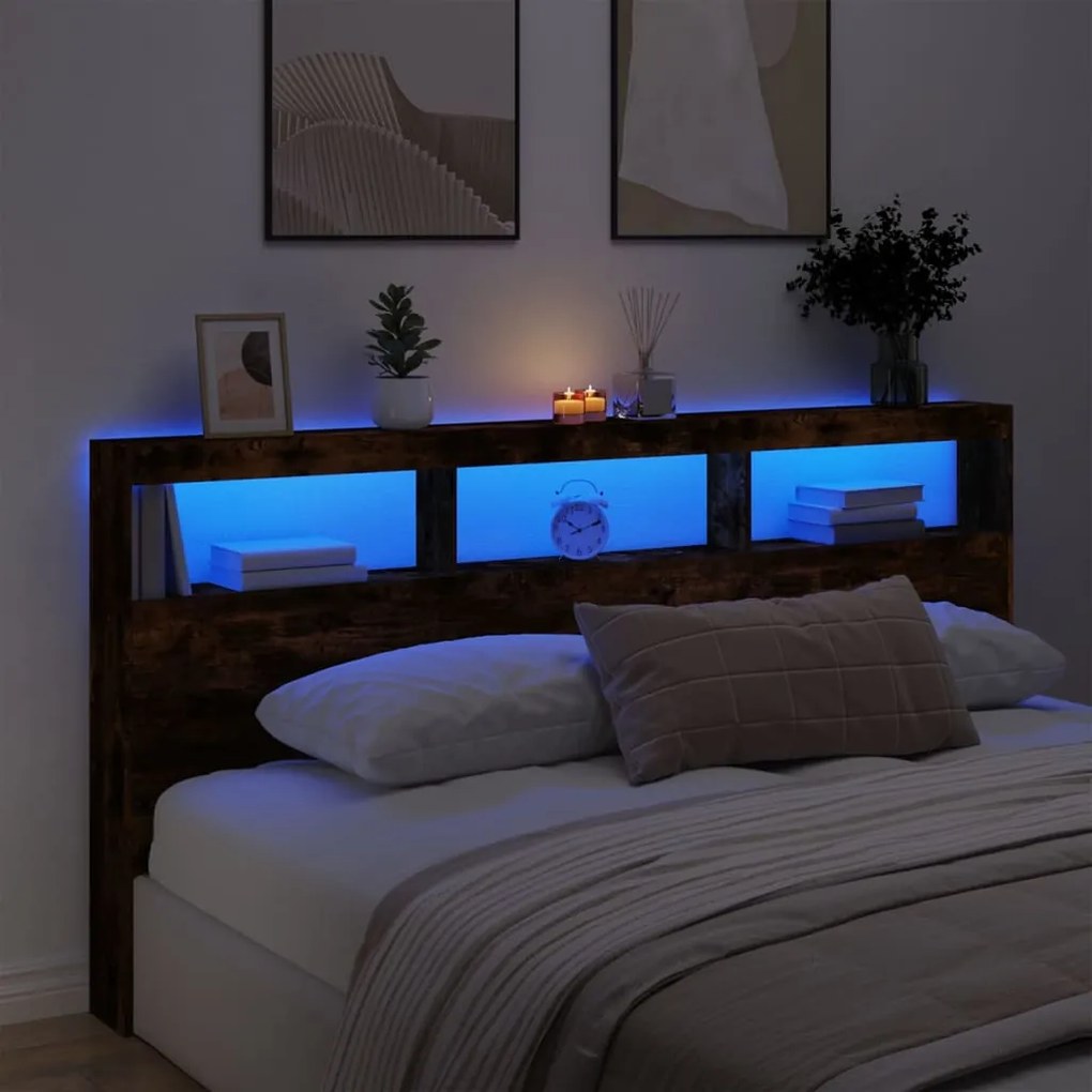 vidaXL Κεφαλάρι με Αποθηκ. Χώρο &amp; LED Καπνιστή Δρυς 200x17x102 εκ.