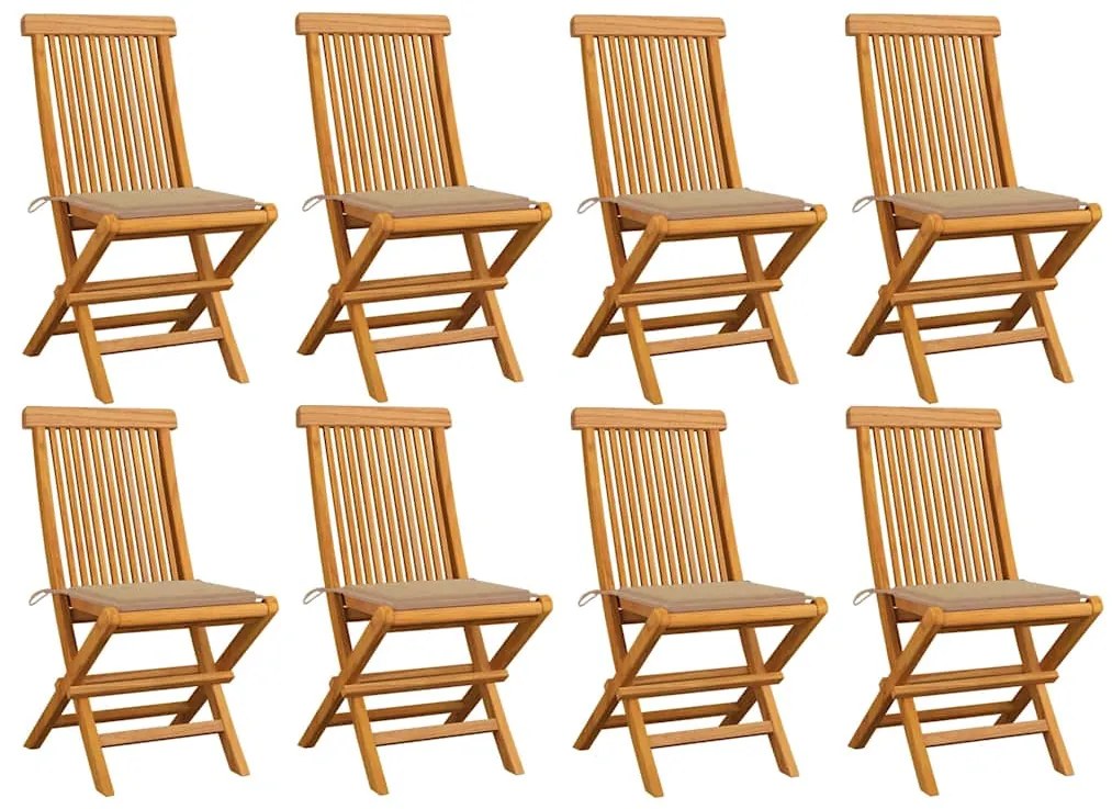 vidaXL Καρέκλες Κήπου 8 τεμ. από Μασίφ Ξύλο Teak με Μπεζ Μαξιλάρια