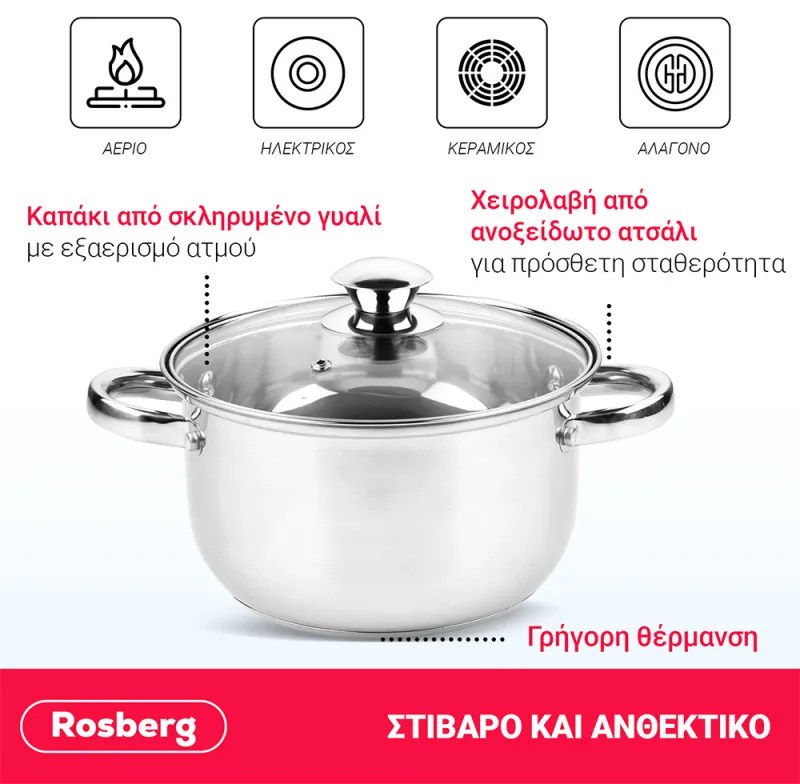 Κατσαρόλα Rosberg R51210O18, 2.1L, 18 cm, Γυάλινο καπάκι με τρύπα εκτόνωσης ατμού, Inox