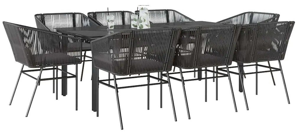 Σετ Τραπεζαρίας Κήπου 9 τεμ Μαύρο Συνθ.Ρατάν/Γυαλί με Μαξιλάρια