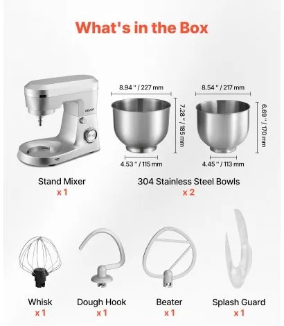 VEVOR Stand Mixer, 4.2 L+5.7 L Electric Kitchen Mixer, 1500W Dough-Mixer, 10 Speeds Tilt-head Food-Mixer with Stainless Steel Bowls, Dough Hook, Whisk, Beater, for Baking, Mixing, Whipping & Kneading