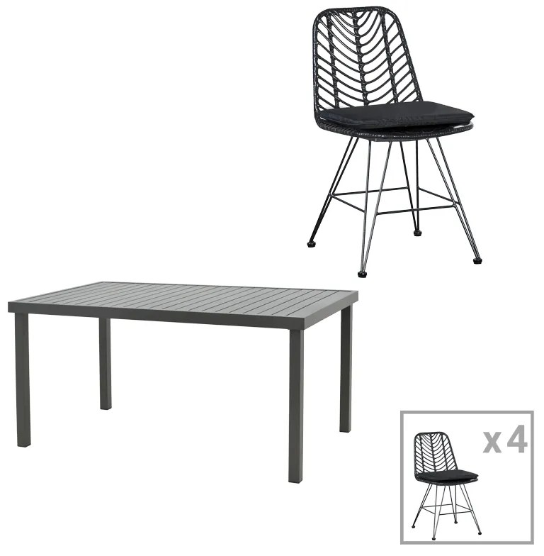 Intrahome Τραπεζαρία Naoki-Kliton I σετ 5τεμ Intrahome ανθρακί αλουμίνιο και pe rattan σε μαύρη απόχρωση 150x80x74εκ | SKU: INTRAPA-311111994