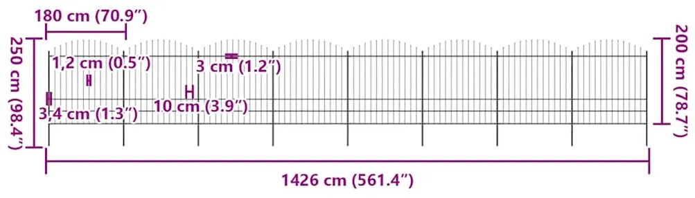 vidaXL Κάγκελα Περίφραξης με Λόγχες Μαύρα (1,75-2) x 13,6 μ. Ατσάλινα