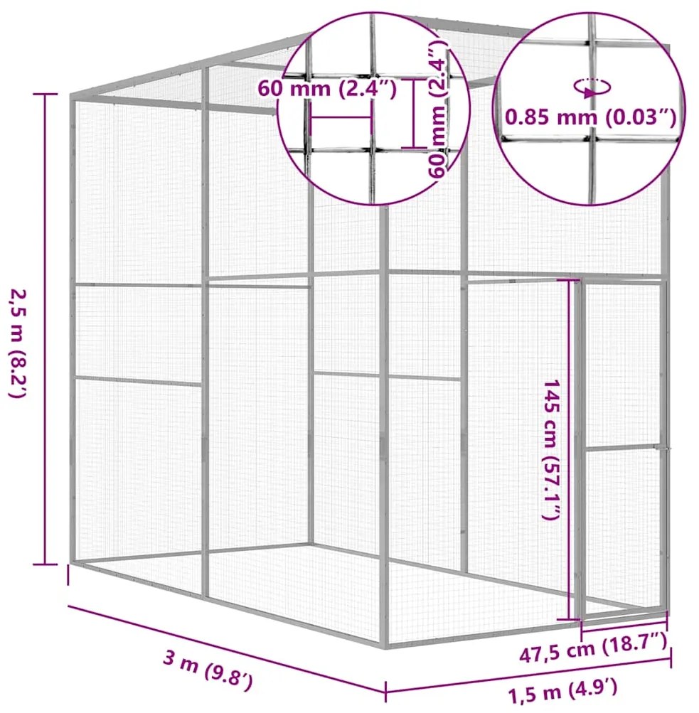 vidaXL Κλουβί Γάτας 3 x 1,5 x 2,5 μ. από Γαλβανισμένο Χάλυβα