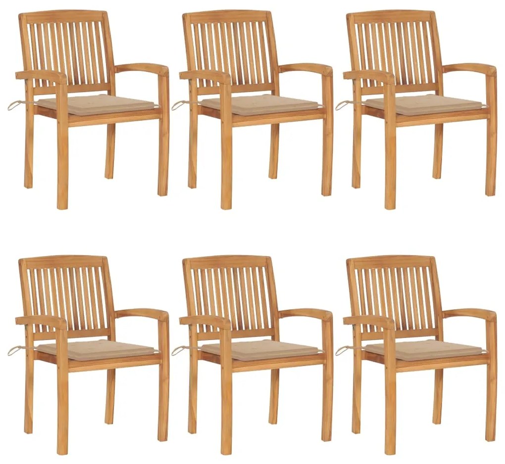 Καρέκλες Κήπου Στοιβαζόμενες 6 τεμ. Μασίφ Ξύλο Teak & Μαξιλάρια